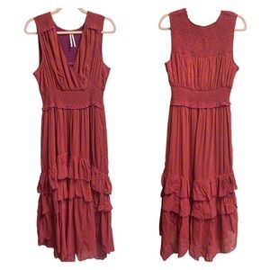 ANTHROPOLOGIE Marcella Pink Midi Tiered Dress Orange Floral V Neck